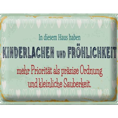 Cartel de chapa con texto "Risa y felicidad de los niños" 40x30 cm.