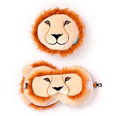 Cuscino da viaggio in peluche con leone Relaxeazzz e maschera per gli occhi