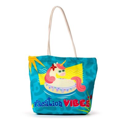 Vacation Vibes Unicorn Canvas Beach Bag