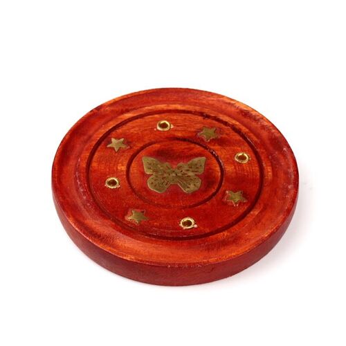 Mango Wood Round Ashcatcher Incence Burner with Butterfly Inlay