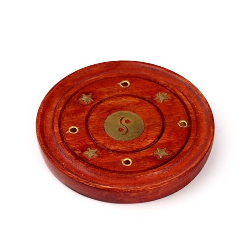 Mango Wood Round Ashcatcher Incence Burner with Yin Yang Inlay