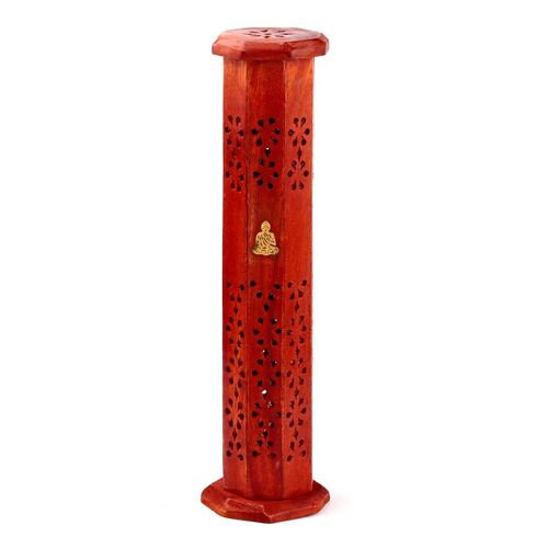 Mango Wood Ashcatcher Incense Tower Burner with Buddha Inlay