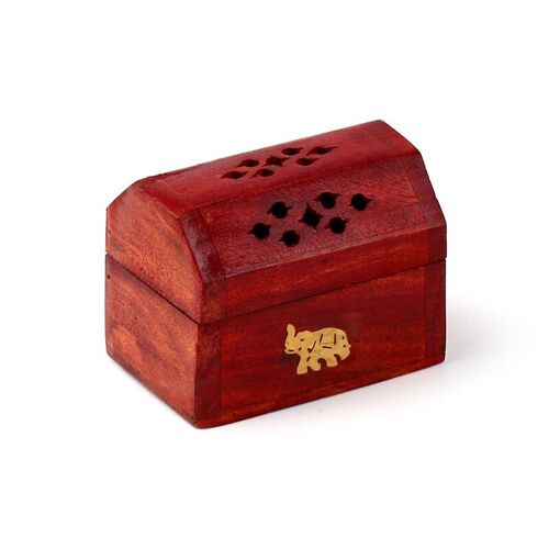 Mango Wood Mini Incense Cone Burner Box Elephant Inlay