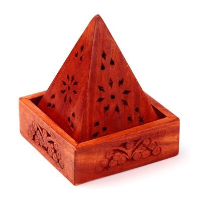 Räucherkegel-Box in Pyramidenform aus Mangoholz mit Blumen-Laubsägearbeit