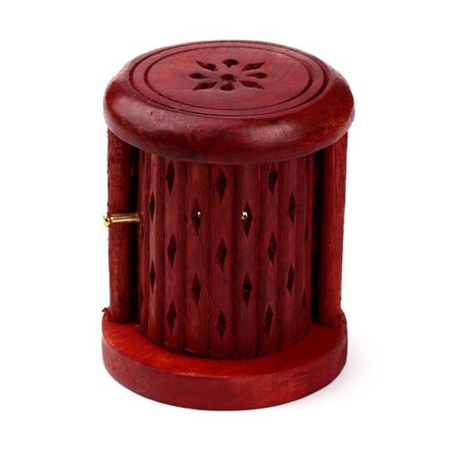 Mango Wood Carved Barrel Incense Cone Burner with Door