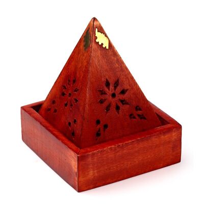 Räucherkegel-Brennerbox aus Mangoholz, Pyramide, mit Elefant