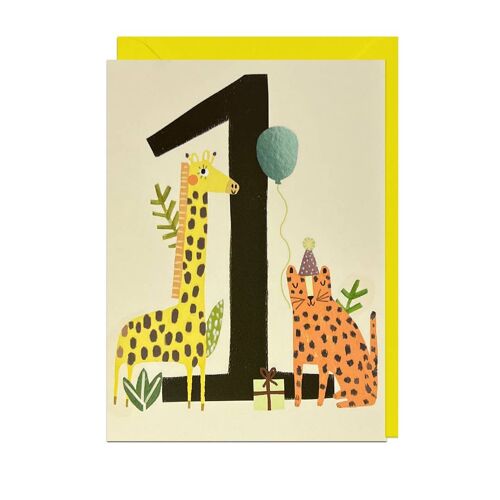 1ST BIRTHDAY ANIMALS - FOIL, YELLOW ENVELOPE Card