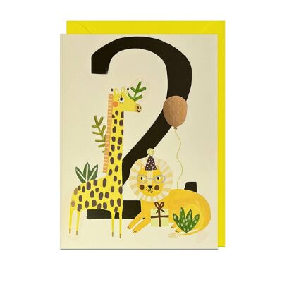 Tarjeta ANIMALES DEL 2.º CUMPLEAÑOS - LÁMINA DE ALUMINIO, SOBRE AMARILLO