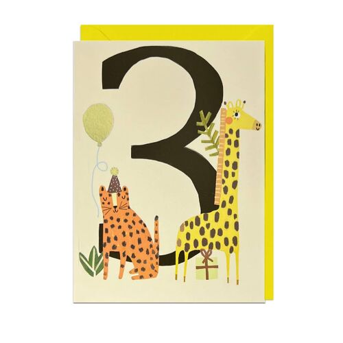 3RD BIRTHDAY ANIMALS - FOIL, YELLOW ENVELOPE Card