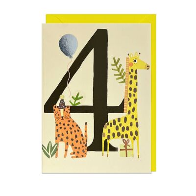4TH BIRTHDAY ANIMALS - FOIL, YELLOW ENVELOPE Card
