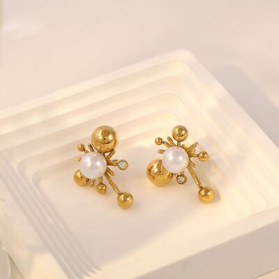 Golden firework earrings with balls, pearl and rhinestones
