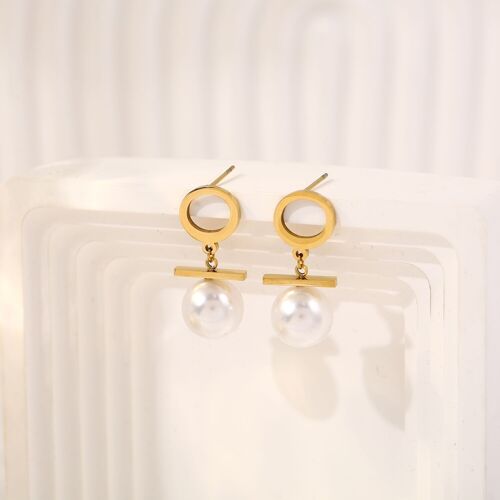 Boucles d'oreilles dorées cercle, barre et perle pendantes