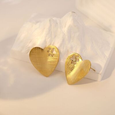 Gold curved heart brushed dog paw earrings