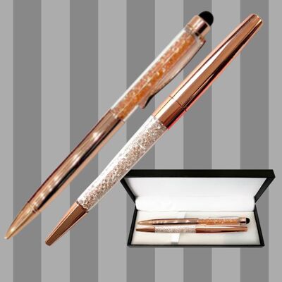 Stift und Stylus im Swarovski-Stil | Roségold | In Geschenkverpackung | Metall | Über 500 Kristalle