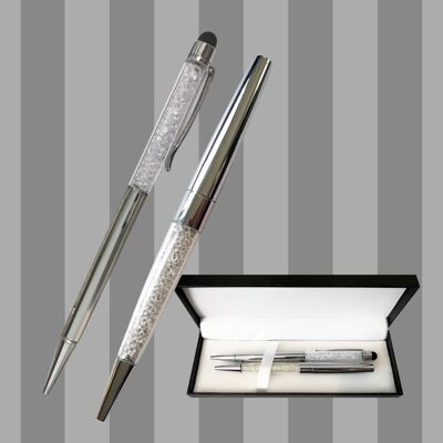 Penna e stilo stile Swarovski | Argento | In confezione regalo | Metallo | Oltre 500 cristalli
