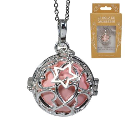 Silberne Käfig-Schwangerschaftsbola - ADRIANA (Herzkäfig/ausgehöhlter Stern/rosa Kugel)
