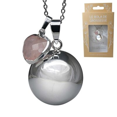 Bola gravidanza in argento liscio, catena in pietra naturale placcata argento - Cuore in quarzo rosa