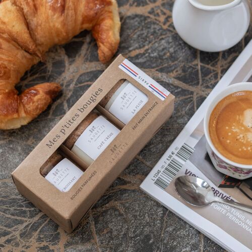 Coffret Paris - 3 Bougies artisanales parfumées à la cire de soja naturelle - Croissant, Café crème, La pluie