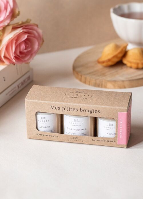 Coffret Maman Chérie - 3 Bougies artisanales parfumées à la cire de soja naturelle - Madeleine, Fleur d'oranger, La rosée - Cadeau de fête des mères