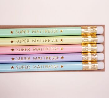 Lot de 5 crayons "Super maîtresse/maître/atsem/nounou", cadeau fin d'année scolaire 2