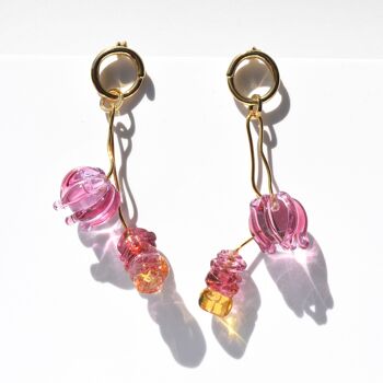 Boucles d'oreilles faites main en verre de Murano rose et ambre plaqué or 18 carats