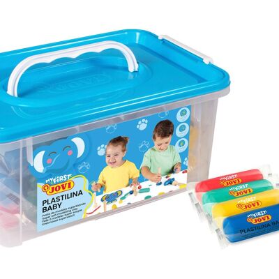 JOVI - MY FIRST PLASTILINA Baby School Box mit 20 Broten à 38 g in verschiedenen Farben + 9 Holzstempeln für Modelliermasse