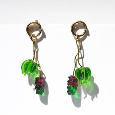 Boucles d'oreilles longues en verre de Murano vert faites à la main en plaqué or 18 carats