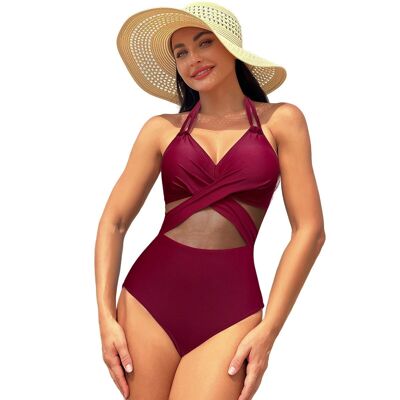 Einfarbiger Damen-Bikini-Badeanzug mit Chiffon und überkreuzter Stofffront