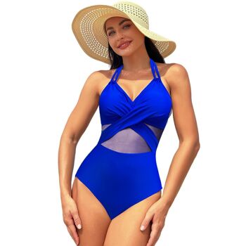 Maillot de bain bikini de couleur unie pour femmes, avec mousseline et tissu croisé sur le devant 5