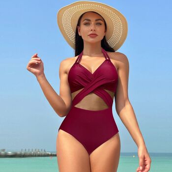 Maillot de bain bikini de couleur unie pour femmes, avec mousseline et tissu croisé sur le devant 6