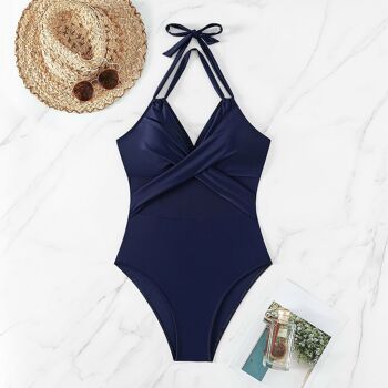 Maillot de bain bikini de couleur unie pour femmes, avec mousseline et tissu croisé sur le devant 15