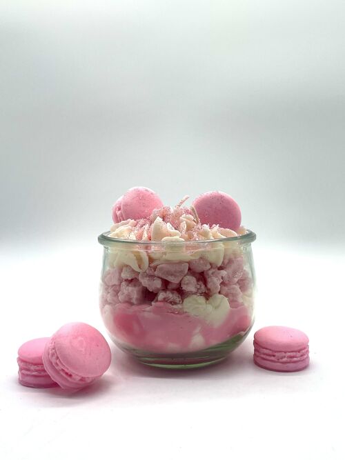 Dessertkerze "Glamorous Macaron" Rosa-Zuckerwatte-Duft - Duftkerze im Glas - Sojawachs