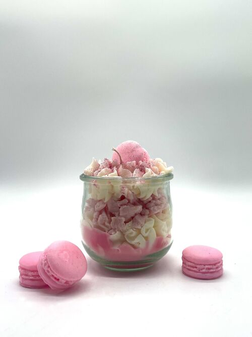 Dessertkerze "Glamorous Macaron" Rosa-Zuckerwatte-Duft - Duftkerze im Glas - Sojawachs