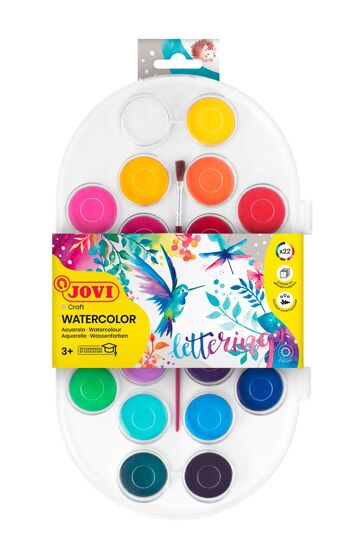 JOVI - WATERCOLORS Palette 22 galets aquarelles 30mm couleurs assorties + 1 pinceau 2