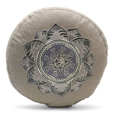 Cojín de meditación orgánico redondo gris piedra con bordado Om