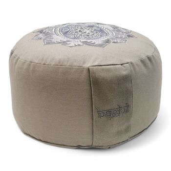 Coussin de méditation bio rond gris pierre avec broderie Om 2