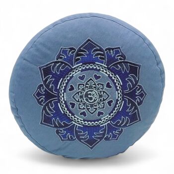 Coussin de méditation rond bleuet bio bleu avec broderie Om 1