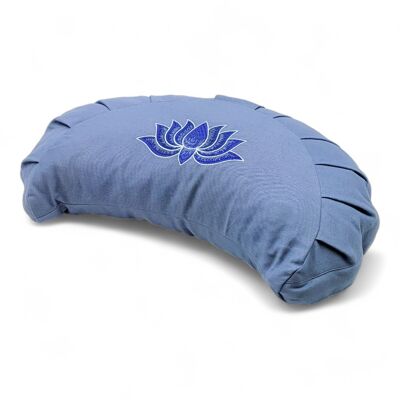 Cojín de meditación media luna orgánico azul aciano con bordado de loto