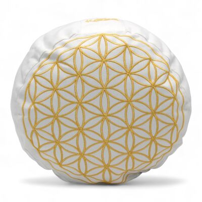 Meditation cushion round organic white with flower of life embroidery