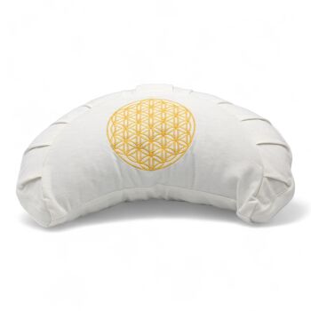 Coussin de méditation demi lune bio blanc avec broderie fleur de vie dorée 1