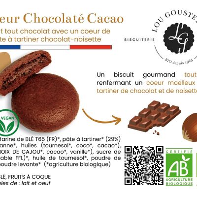 Laminiertes Produktblatt – Vollschokoladen-Süßkeks – Schokoladen-, Kakao- und Haselnussherz