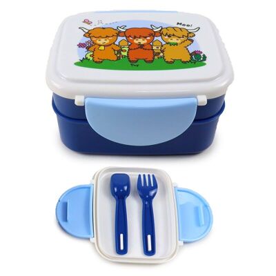 Adoramals Highland Coo Clip Lock Stacked Bento Lunch Box with Cutlery