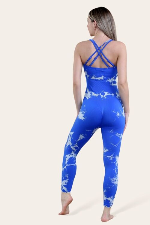 ROYAL BLUE RIBBED CROSS BACK BODYCON PRINTED JUMPSUIT-LM88128