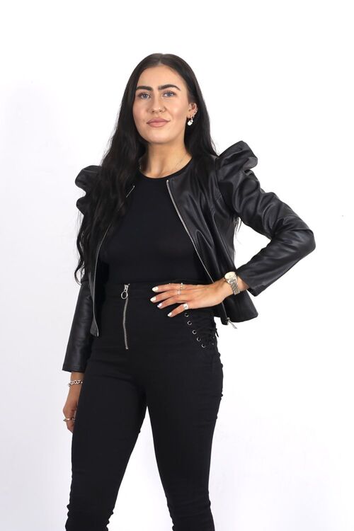 BLACK PU PUFF SHOULDER CROP JACKET-4176