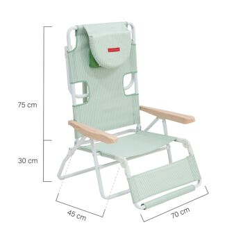 Chaise pliante inclinable, tête et accoudoirs rembourrés à trous, rayures vertes 12