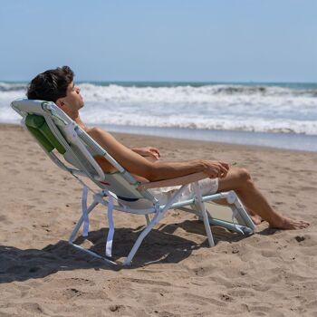 Chaise pliante inclinable, tête et accoudoirs rembourrés à trous, rayures vertes 4