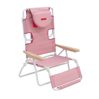 Chaise pliante inclinable, tête et accoudoirs rembourrés à trous, rayures rouges 1