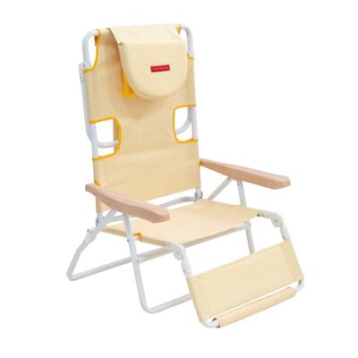 Klappbarer Liegestuhl, gepolsterter Kopf und Armlehnen, gelbe Streifen