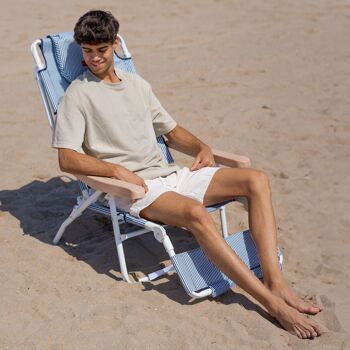 Chaise pliante inclinable, tête et accoudoirs rembourrés à trous, rayures bleues 2