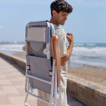 Chaise pliante inclinable, tête et accoudoirs rembourrés à trous, rayures bleues 3